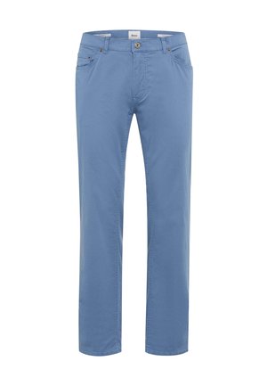 Lichtblauwe broek van katoen. Rechte pasvorm, ritssluiting, knoopsluiting, riemlussen, twee zakken aan de voorkant en twee zakken aan de achterkant.