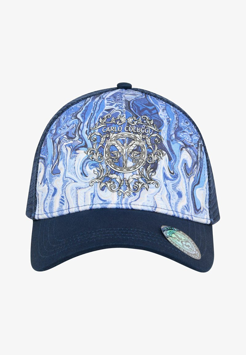 Blue and white marbled baseball cap with a dark blue brim, featuring an embossed silver emblem with "CARLO COLUCCI" at the front.