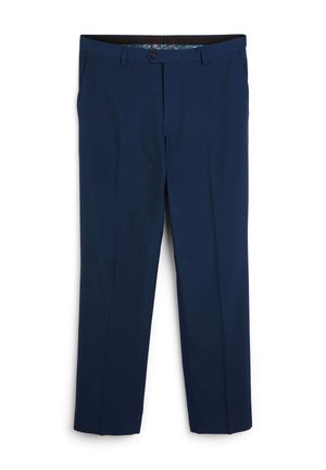 Marineblaue maßgeschneiderte Hose aus glattem Stoff, mit flachem Vorderteil, Gürtelschlaufen und einem dezenten gemusterten Innenfutter.