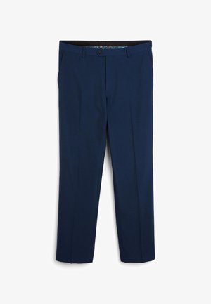 Marineblauwe, op maat gemaakte broek van gladde stof, met een vlakke voorkant, riemlussen en een subtiele, patroonachtige binnenvoering.