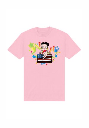 Lyserød bomulds-T-shirt med en tegneseriefigur, der sidder på et amerikansk flag, omgivet af farverige stjerner og sprøjt. Standard pasform.