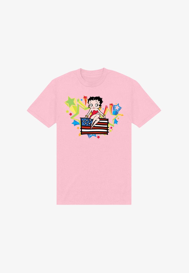 Růžové bavlněné tričko s potiskem kreslené postavičky sedící na americké vlajce, obklopené barevnými hvězdami a výbuchy. Standardní střih.