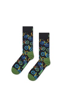 Calcetines negros con acentos verdes que presentan un patrón de coloridas bicicletas en azul, naranja y amarillo. Incluye la palabra "FELIZ" en verde.