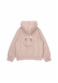 Sudadera rosa con capucha, cintura elástica y conos de helado bordados en la parte trasera, acompañados del texto "que tengas un buen día".