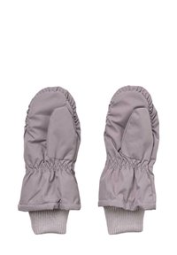 Coppia di muffole imbottite di colore grigio chiaro con polsi elasticizzati e polsini a coste, progettate per la protezione dal freddo.