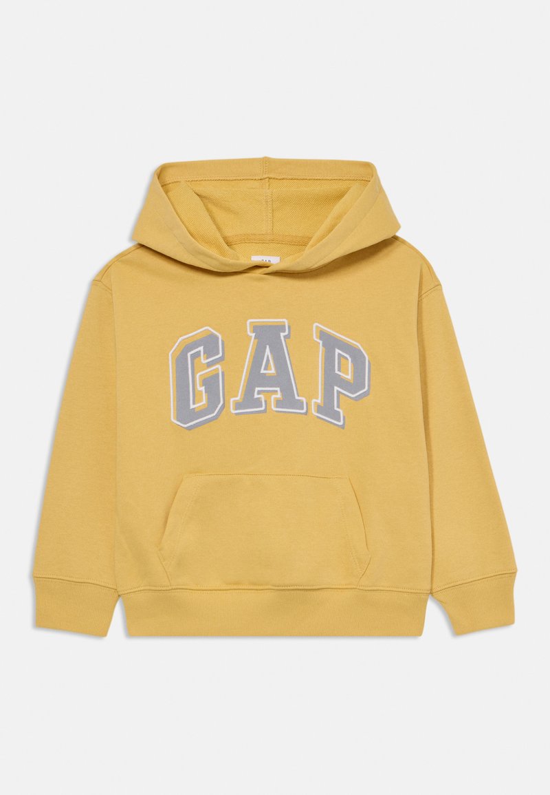 Felpa gialla con tasca frontale e cappuccio, con la scritta "GAP" in lettere grigie sul petto. Tessuto morbido con polsini e orlo a coste.