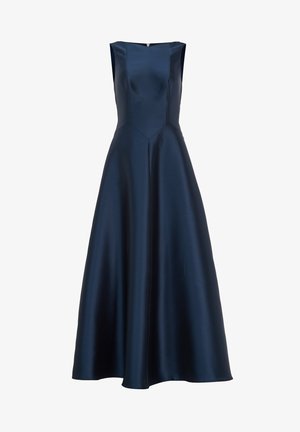 Ärmelloses Abendkleid aus marineblauem Satin mit tailliertem Oberteil, Boot-Ausschnitt und ausgestelltem A-Linien-Rock, der bis zum Boden reicht.