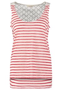 Dámská tílko bez rukávů s červenými a bílými vodorovnými pruhy a kulatým výstřihem, s krajkovým vzorem na vnitřním zadním díle.