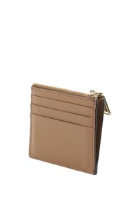 Brown leather wallet with multiple card slots and a zippered compartment. Smooth texture with gold hardware accents.