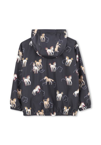 Waterdichte jas met een donkere achtergrond en kleurrijke eenhoornpatronen, elastische manchetten en een capuchon met trekkoord voor een verstelbare pasvorm.
