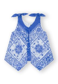 Top sin mangas azul con tirantes de lazo, que presenta un patrón de paisley y flores. La tela tiene una ligera textura con acentos blancos contrastantes.