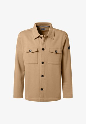 Beige Button-Up-Jacke aus weichem Stoff mit zwei Brusttaschen, schwarzen Knöpfen und einem Kragen. Sie hat lange Ärmel und einen geraden Saum.