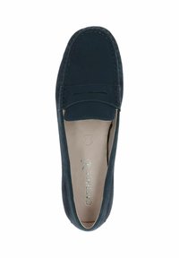 Tumesinine suede loafer, ümarate varvastega, dekoratiivse ülemise õmblusega ja bränditud sisetaldusega. Sujuv tekstuur minimaalsete kaunistustega.