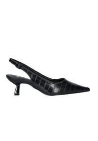 Tacones negros tipo slingback con punta afilada, con textura de cocodrilo, pequeño tacón cuadrado y correa ajustable para un ajuste seguro.