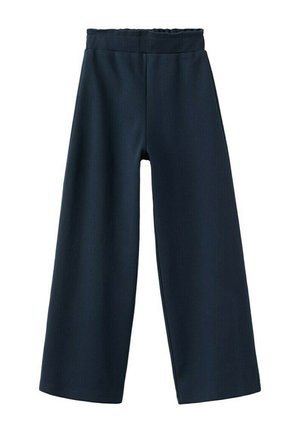 Pantalon noir à jambes larges avec taille élastique, coupe taille moyenne et longueur raccourcie sur fond blanc.
