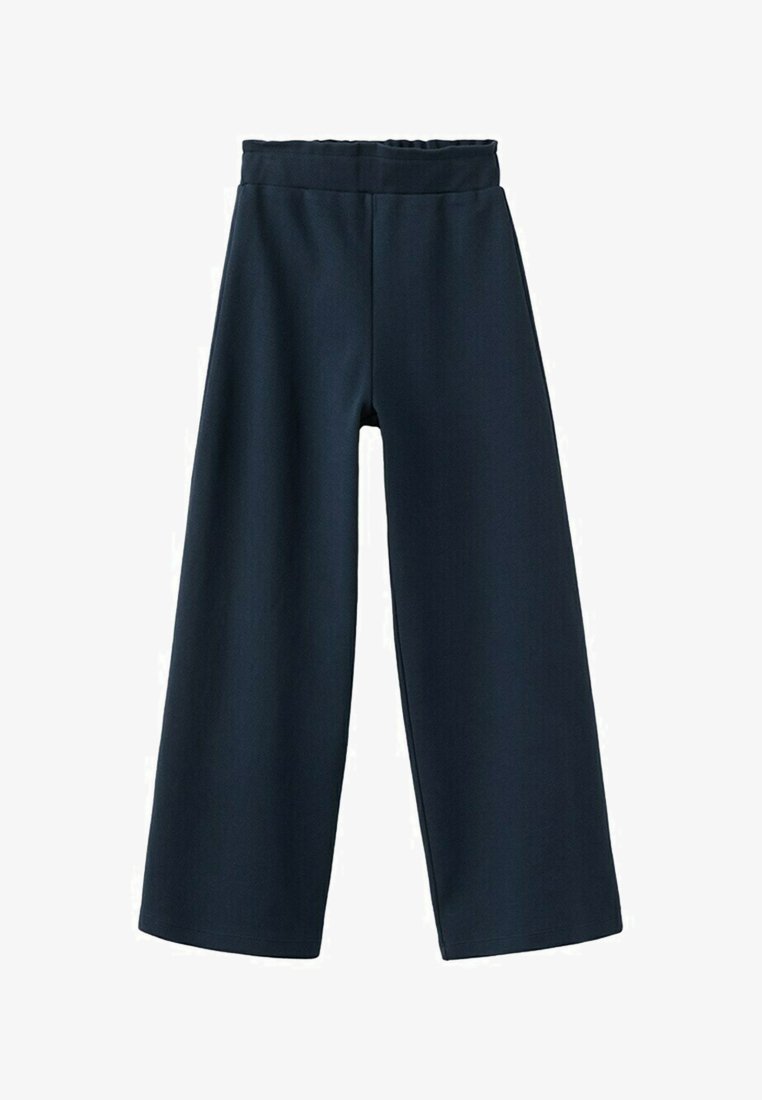 Pantaloni neri a gamba larga con vita elastica, taglio a mezza altezza e lunghezza cropped su sfondo bianco.