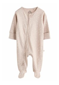 Rosa bomull babyklänning med långa ärmar, dragkedjestängning och vitt stjärnmönster. Har fotade ben och mjuk textur.