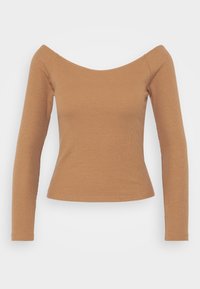 Brown ribbed long-sleeve top with an off-the-shoulder neckline and a fitted silhouette. Smooth texture, clean lines, and no embellishments.