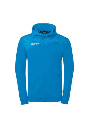 Blauwe volledige ritssluiting hooded jas met geometrisch patroon op de schouders, lange mouwen, zijzakken en "Kempa" logo op de borst.