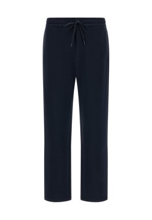 Navy blue jogger pants in soft material with an elastic waistband and drawstring. Features a straight leg design and side pockets.