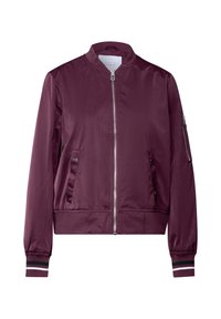Burgundská bomber bunda se zipem v přední části, žebrovanými manžetami se pruhy a dvěma bočními kapsami. Hladká, lehká látka, ležérní design.