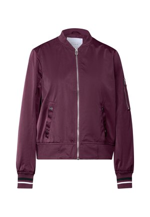 Burgundowa kurtka bomberka z zamkiem z przodu, ściągaczami na rękawach z paskami oraz dwiema bocznymi kieszeniami. Gładki, lekki materiał, casualowy design.
