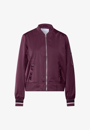 Giacca bomber borgogna con zip frontale, polsini a costine con strisce e due tasche laterali. Tessuto liscio e leggero, design informale.