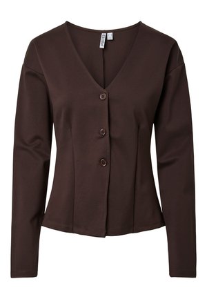 Ruda ilgomis rankovėmis palaidinė su V formos iškirpte, su sagų užsegimu ir aptempiančia silueto linija. Pagaminta iš švelnios, šiek tiek tamprios medžiagos.