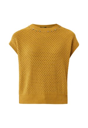 Kurzer senfgelber Strickpullover mit kurzen Ärmeln, geripptem Saum und kleinen silbernen Perlenverzierungen entlang des runden Halsausschnitts.