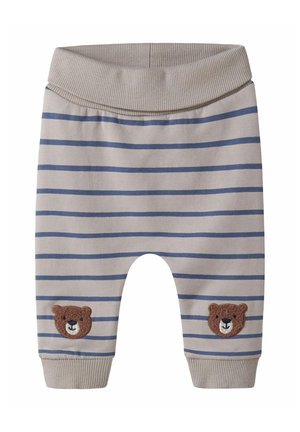 Beige babybroekje met blauwe horizontale strepen, geribbelde tailleband en boorden, en bruine berengezichten geborduurd op de knieën.