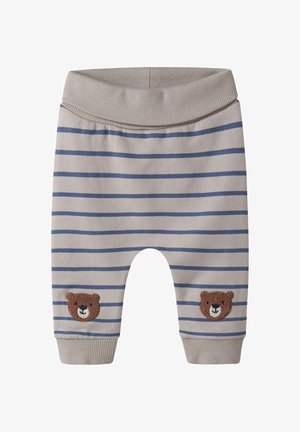 Beige baby pants with blue horizontal stripes, ribbed waistband and cuffs, and brown bear faces embroidered on the knees.