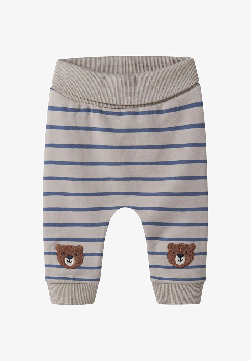 Pantalon beige pour bébé avec des rayures horizontales bleues, une ceinture et des poignets côtelés, et des visages d'ours brun brodés sur les genoux.