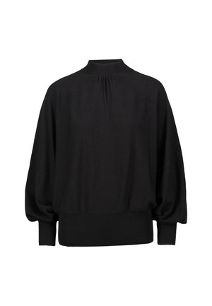 Zwarte trui met een hoge halslijn, volumineuze mouwen en geribbelde manchetten. Beschikt over een geraffineerde achterkant voor extra textuur.