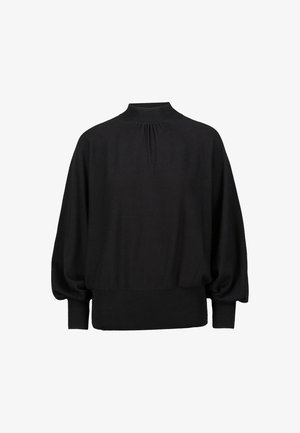 Schwarzer Pullover mit hohem Kragen, voluminösen Ärmeln und gerippten Manschetten. Verfügt über ein gerafftes Rückendetail für zusätzlichen Textur.