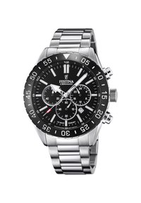 Orologio in acciaio inossidabile con lunetta in ceramica nera, quadrante nero, indici ore silver, tre sottoquadranti e visualizzazione della data. Resistente all'acqua fino a 10 bar.