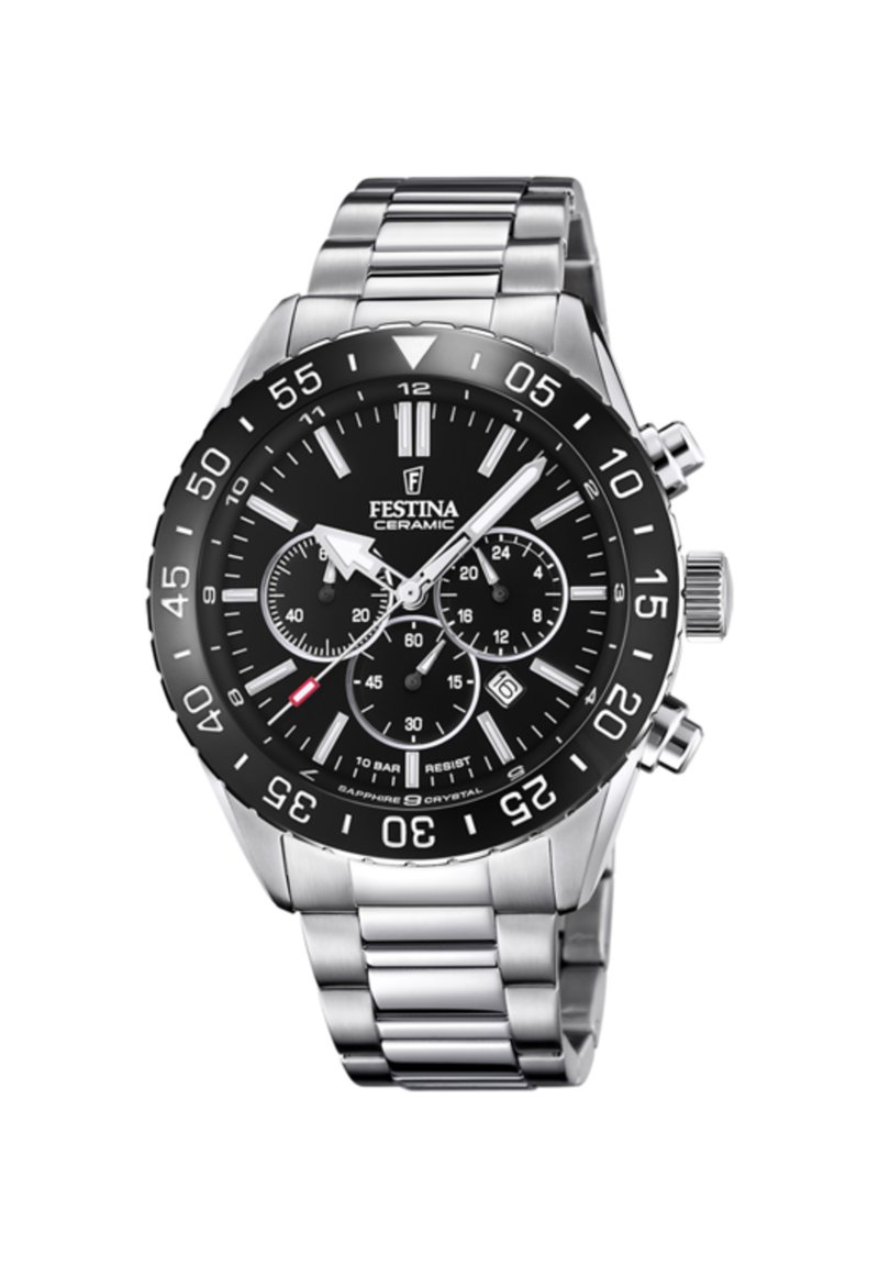 Orologio in acciaio inossidabile con lunetta in ceramica nera, quadrante nero, indici ore silver, tre sottoquadranti e visualizzazione della data. Resistente all'acqua fino a 10 bar.