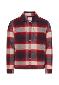 Flannel jacket featuring a red, white, and blue check pattern, button front, two chest pockets, and a classic collar design.