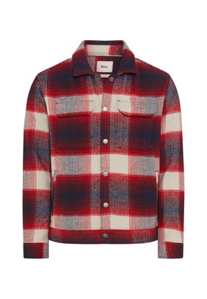 Flanelljacke mit rot-weiß-blauem Karomuster, Knopfleiste, zwei Brusttaschen und klassischem Kragen. 