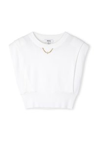 Sudadera blanca recortada con hombreras, escote redondeado y un sutil detalle de cadena dorada en el cuello. Tejido suave con dobladillo acanalado.