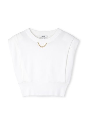Sweatshirt blanc court avec épaulettes, décolleté arrondi et un subtil détail en chaîne dorée au col. Tissu doux avec un ourlet côtelé.