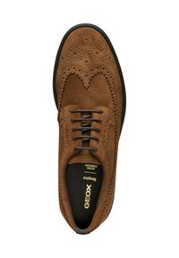 Scarpa in camoscio marrone con lacci, dettagli brogue, punta rotonda, lacci scuri, suola nera e marchio "GEOX" sulla soletta.