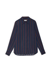 Camicia a maniche lunghe blu navy con righe rosse verticali, colletto alla francese e chiusura con bottoni. Tessuto liscio con orlo curvo e polsini interni a contrasto.