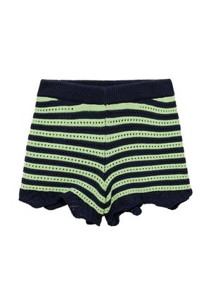 Gestreepte gebreide shorts in marineblauw en lichtgroen met een golvende rand. Voorzien van een textuurpatroon en een rekbare tailleband voor comfort.
