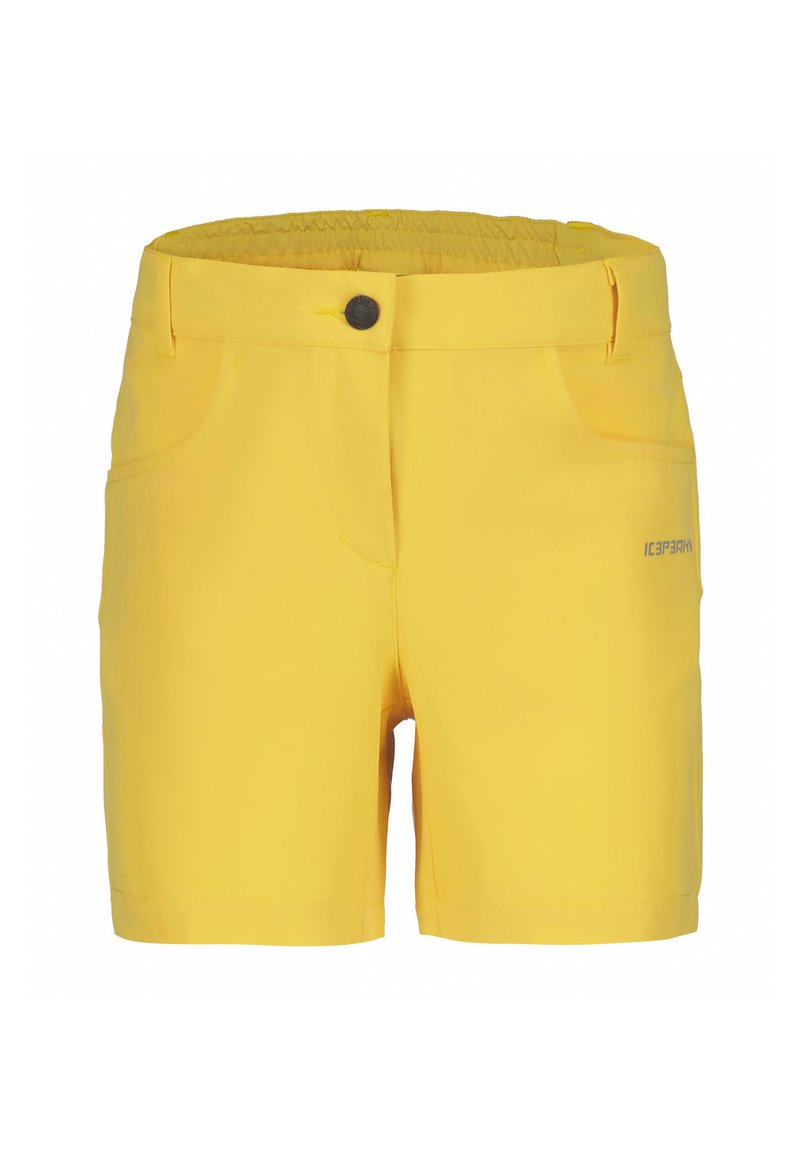 Gula shorts med elastisk midja, framknapp och två sidofickor. Slät tyg med en subtil lyster och logodetalj.