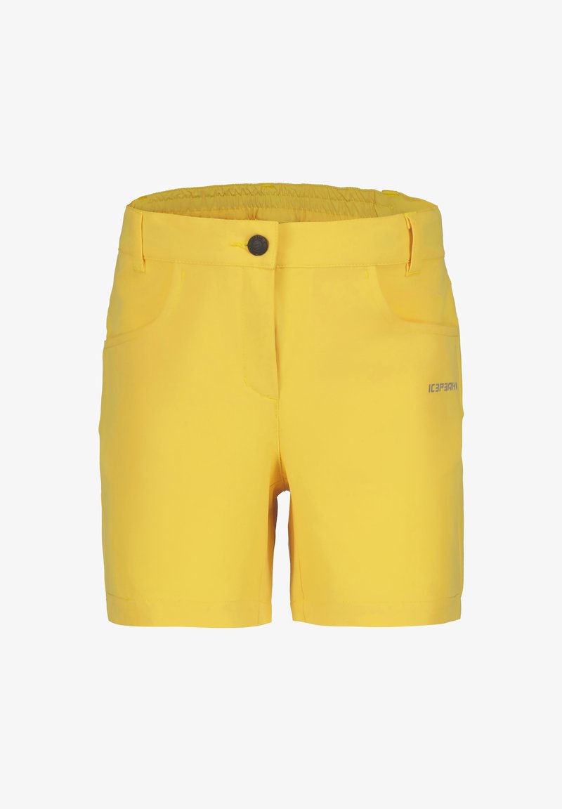 Gelbe Shorts mit elastischem Bund, vorderem Knopfverschluss und zwei Seitentaschen. Glatter Stoff mit subtiler glänzender Oberfläche und Logodetail.