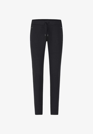 Pantaloni jogger neri realizzati in tessuto morbido, con vita regolabile tramite cordino e tasche laterali con zip per funzionalità. Vestibilità aderente con lunghezza alla caviglia.