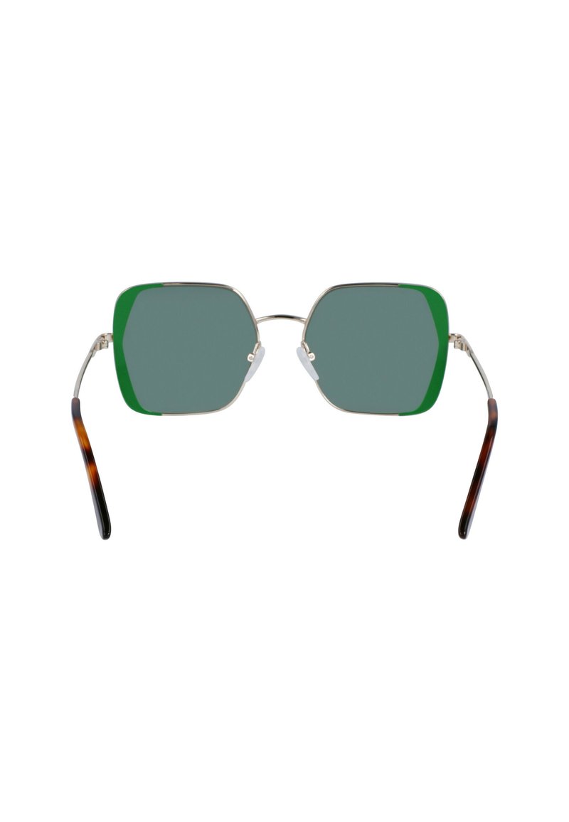 Occhiali da sole di colore verde con forma ottagonale, montatura in metallo argento e aste in acetato effetto tartaruga. Cuscinetti nasali trasparenti per il comfort.