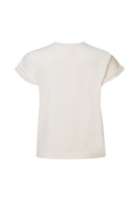 Crème-kleurig t-shirt met opgerolde korte mouwen en een klassiek ronde halsontwerp. Zacht katoenmateriaal met een gladde textuur.