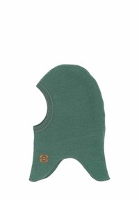 Zelený fleeceový balaclava so zaoblenou špičkou, širokým otvorom pre krk a logom na nášivke. Mäkká textura s hladkým šitím a zakriveným designom lemovania.