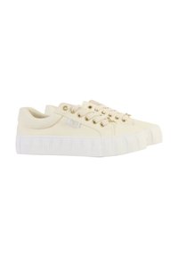 Canvas sneakers in cream color with a chunky white rubber sole, featuring gold eyelets and laces, and a simple logo detail on the side.